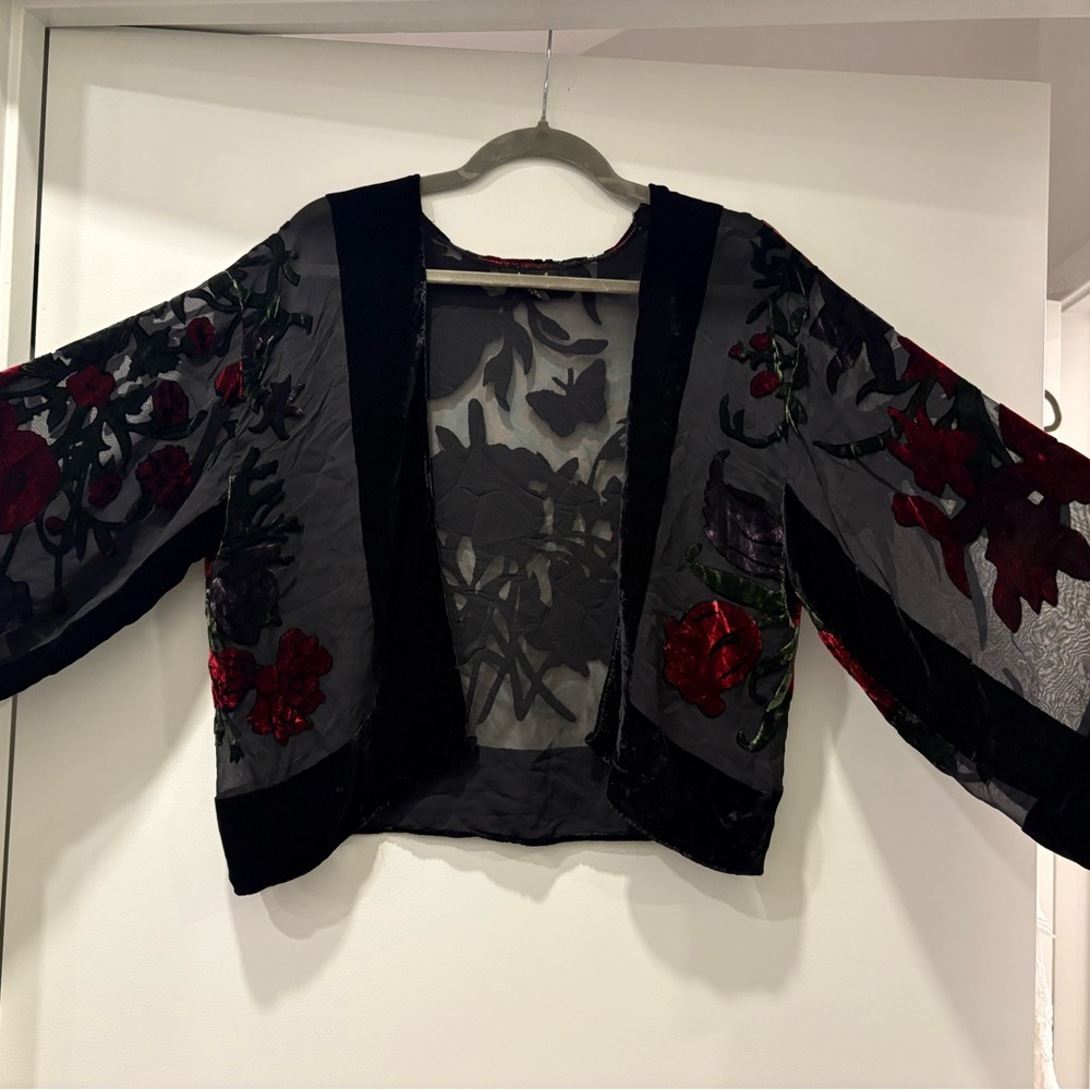 Vintage silk velvet sheer burnout flare sleeve open kimono small - Picture 3 of 12